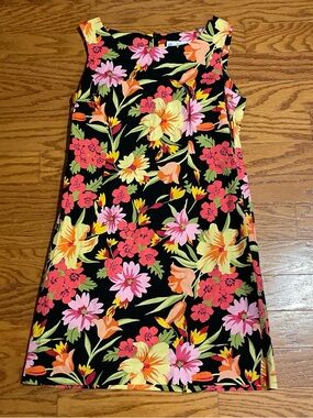 Eileen West Vintage Black Floral Mini Dress with Pink, Yellow & Orange Flowers